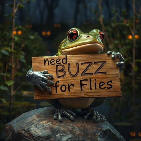 Hyper realistic, frog with robot prosthetic hands holding a sign made of wood written ‘need BUZZ for Flies’ with extra detailed letters, focus on letters, background is a swamp at night with flowing eyes between bushes, side view, over a stone,