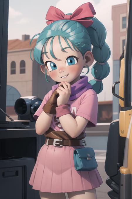 <lora:KoalaEngine:1> KoalaEngine, 1girl, solo, masterpiece; looking at viewer, blushing, shy smile; <lora:bulma_9:0.8> dragon ball, blmpony, aqua hair, hair ribbon, braided ponytail, pink shirt, belt, scarf, pink skirt, clothes writing, brown gloves,