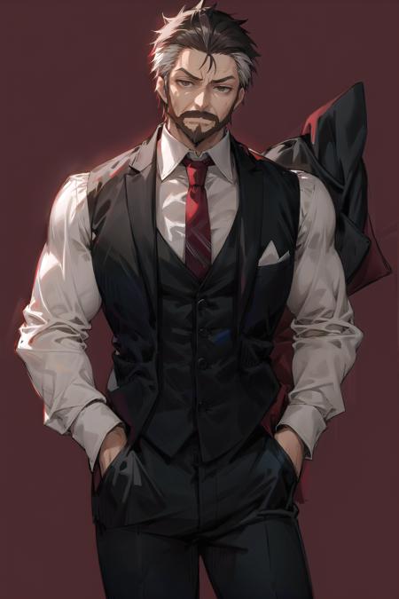 kryuger, 1boy, male focus, solo, necktie, formal, suit, red background, black suit, hand in pocket, vest, red necktie, looking at viewer, pants, shirt,muscular male, solo, bara,large pectorals, <lora:kryuger-pynoise:1>