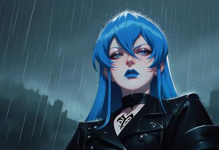 score_9, score_8_up, score_7_up, score_6_up,1girl, wide angle, wide angle camera, wide, detailed background, goth city, pastel paint, near a chapel, esdeath, vamp style, goth core, vamp goth, goth style, standing, blue shirt, rain, blue eyes, blue hair, detailed eyes, beautyfull face, blue lipstick, landscape