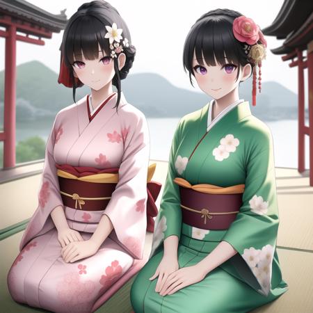 2girls, looking at viewer, blush, smile, short hair, bangs, simple background, black hair, hair ornament, long sleeves, white background, bow, sitting, closed mouth, purple eyes, braid, flower, japanese clothes, hair flower, wide sleeves, pink eyes, kimono, sash, obi, floral print, pink flower, seiza, pink bra, print kimono, green kimono, temple, east asian architecture, outdoors,, masterpiece, best quality, highly detailed,<lora:sweet_v1:1>