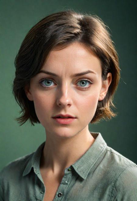 (headshot) subsurface scattering, Photorealistic, Hyperrealistic, analog style, realistic, film photography, soft lighting, heavy shadow
belgian woman with round face. ((grey eyes)). short brunette hair. 30yo. button nose. linen shirt. (((confused))), emotion. green background