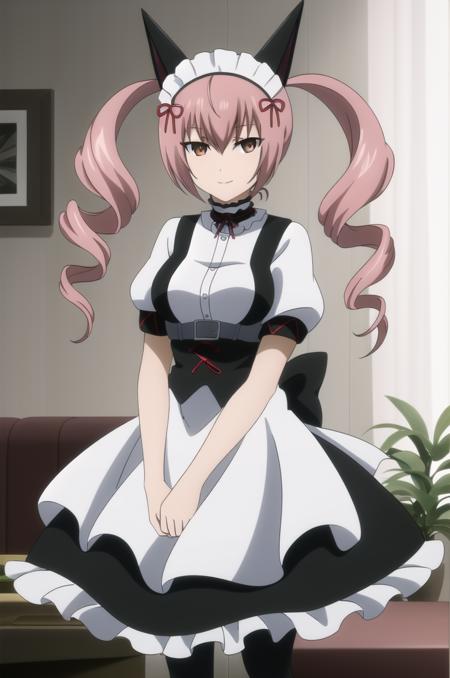 (masterpiece), high quality, detailed background, 1girl, solo,
<lora:SteinsGateFaris-v1-06:0.75>, Chopiofaris, pink hair, twin drills, long hair, brown eyes, (looking at viewer:1.3),
outfit_1, fake animal ears, maid, maid headdress, detached collar, short sleeve, wrist cuff, apron, black pantyhose,
living room, standing, smile,