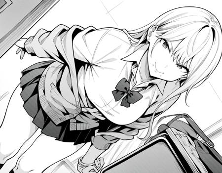 gyaru haruka, long hair, bangs, earrings, mole, mole under mouth, monochrome, greyscale, skirt, shirt, bow, school uniform, pleated skirt, open clothes, socks, collared shirt, bowtie, cardigan,