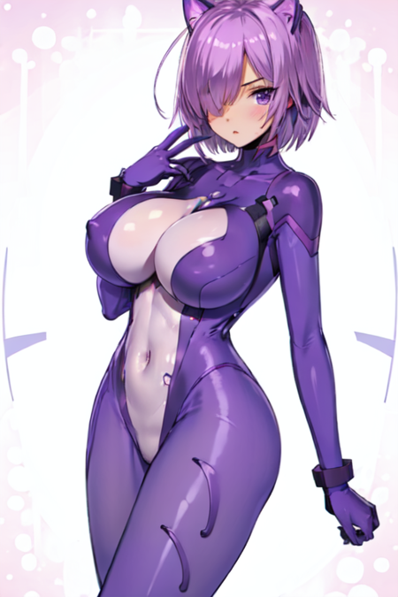FeeKissthermit, 1girl, solo, short hair, large breasts, purple eyes, purple hair, cat ears, hair over one eye, purple bodysuit, covered navel, skin tight, impossible bodysuit, 