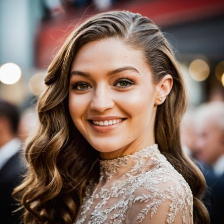 Super high res closeup red carpet event portrait photo skin texture of a woman smiling,long wavy hair,f /2.8, Canon, 85mm,cinematic, high quality, skin texture, looking at the camera,  <lora:gihadid_xl_1_standard-000094:1>