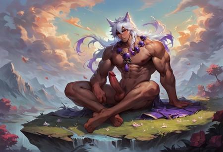 score_9, score_8_up, score_7_up, SettSB, solo, 1man, purple_beads_necklace, white_hair, white_cat_ears, scar_on_face, source_explicit, erect penis, naked, art, masterpiece, wide angle, crossed legs, Buddhist meditation, padmasana, meditating, dripping penis, thighs, head resting on pillow, (extremely muscular: 1.5), hunk, huge pectorals, wide shoulders, strong, body builder, yaoi, bara, dramatic, sitting on mountain top looking at sunrise, sunrise above the valley, landscape, full body, horizon, sunshine, vast world, tranquility, source_anime