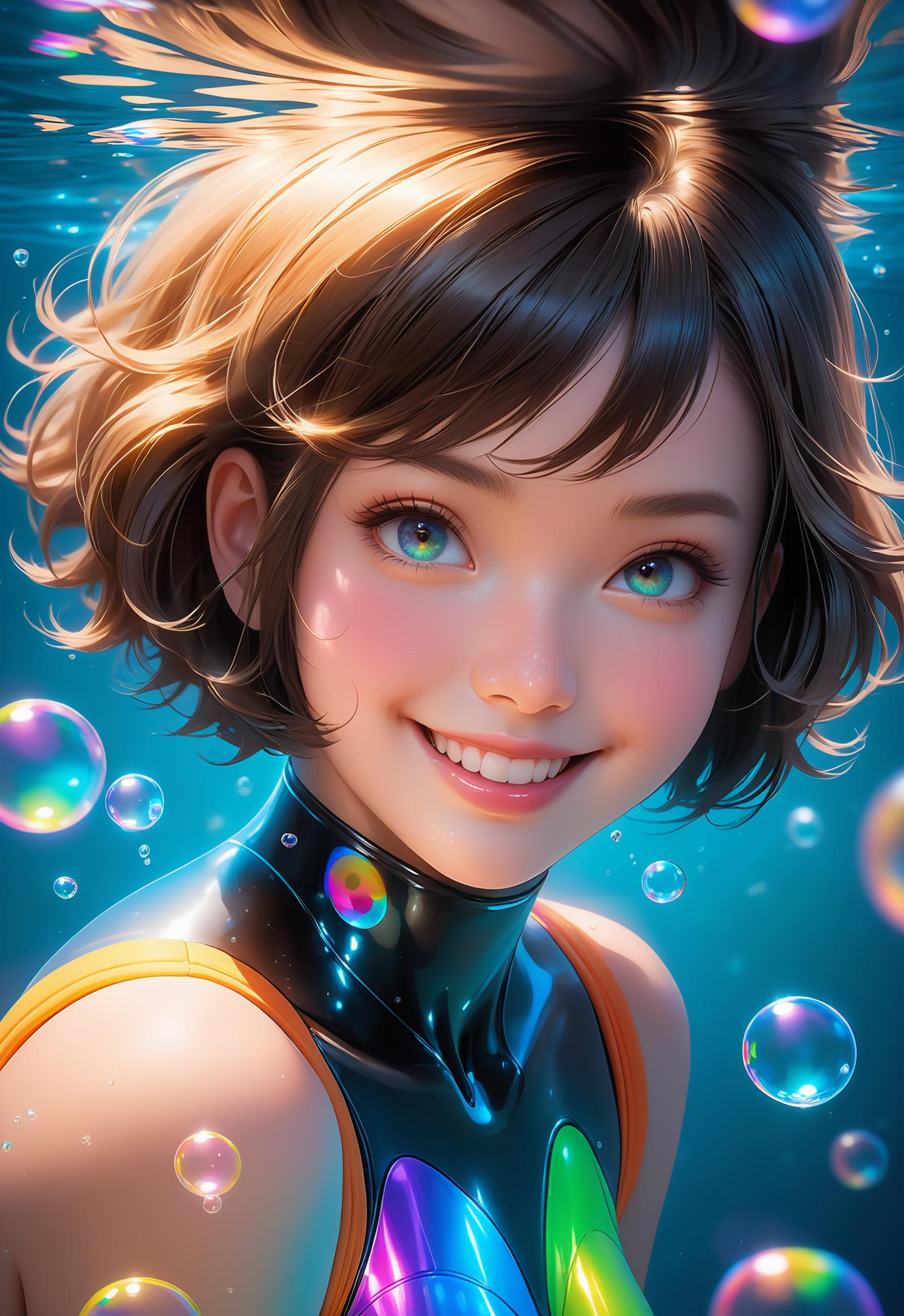 A computer-generated illustration of a woman with blue eyes, smiling and wearing a black and orange outfit. She is surrounded by bubbles and appears to be floating in water.