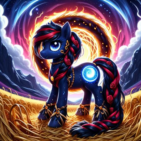 concept art concept art  <lora:1:1> made of straw , a pony made of straw, <lora:Dark-Cute-Ponies:1> drkpny, a shadow-drenched valley, its sky split between twilight and unnatural crimson light, is home to an endless expanse of straw ponies, their bodies adorned with obsidian beads and sapphire-threaded braids. The land pulses with lifelike energyâfields of blackened roses twist and coil, responding to the movement of the herd. Overhead, a fractured celestial sphere glows in shimmering runes, dripping liquid fire onto the meadows below. Beneath their hooves, the ground splits open, revealing twisting roots that writhe like the limbs of unseen creatures. The air itself shivers with energy, a silent promise of something waiting just beyond the veil.
 . digital artwork, illustrative, painterly, matte painting, highly detailed
