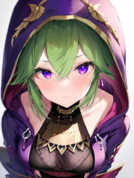 ultra-detailed,(best quality),((masterpiece)),(highres),original,extremely detailed 8K wallpaper,(an extremely delicate and beautiful), <lora:jiuqirenx_xl:1>ï¼(\jiu qi ren\), 1girl, breasts, green hair, purple eyes, hood, solo, looking at viewer, purple jacket, kuki shinobu, signature, jacket, jewelry, upper body, hair between eyes, hood up, bangs, from above, simple background, earrings, closed mouth, blush, medium breasts, fishnets, open clothes