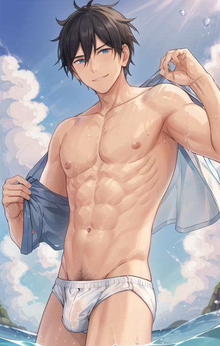 1boy, black_hair, (blue_eyes), (big aqua eyes), parted_lips, hair_between_eyes, face, formal, hair_between_eyes, looking_at_viewer, male_focus,(bare shoulders),(wet),(abs),nude, (bare shoulders), (abs), collarbone, collarbone,(((male_focus))),navel,nipples,sea,nipples,(((boxer_briefs))),partially_submerged,pectorals,smile,solo,water,wet,water, beach, god rays