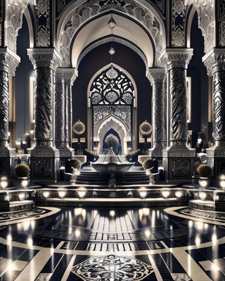 landscape of a ral-alufoil and Hotel, it is very Alhambresque, ultrafine detailed, intricate details, <lora:ral-alufoil-sd15:1.2>, ambient, shiny, dynamic cinematic color, elaborate, beautiful composition, grand illumination, sunny, epic