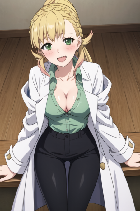 masterpiece, best quality, <lora:sharenaV2-10:1>, 1girl, sharena \(fire emblem\), fire emblem, fire emblem heroes, blonde hair, long hair, ponytail, crown braid, low-tied long hair, green eyes, facing viewer, looking at viewer, happy, open mouth, blush, breasts, medium breasts, cleavage, coat, white coat, lab coat, shirt, green shirt, pants, black pants, indoors, simple background, solo, solo focus, dutch angle, cowboy shot, thick thighs, sitting, dated, pov, official art, official style,