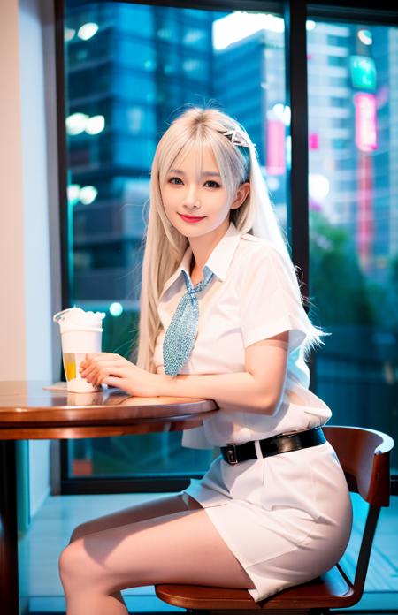 ningning, (8k, best quality, masterpiece:1.2), (realistic, photo-realistic:1.37), ultra-detailed, 1 girl,cute, solo,beautiful detailed sky,detailed cafe,night,sitting,dating,(nose blush), sitting before a table, table with afternoon tea, (smile:1.15),(closed mouth) medium breasts,beautiful detailed eyes,(collared shirt:1.1), daytime, sunshine,business attire, rain,white lace, (long hair:1.4),silver hair NovaFrogStyle, uniform, white skin,cinematic light,sunshine,street light, (av actress: 4), full body image,  (tea table:1),(hand bag:1)  <lora:ningning_v1:0.8>