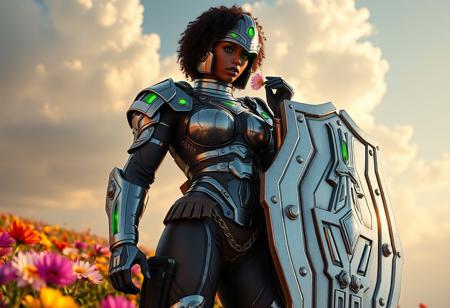 Videogame unreal engine 4 render image of a tall large bodybuilding buff muscular sexy hot black female soldier from the year 2150, cool sexy futuristic military character design, she has short curly hair, green eyes, green lipstick, she is tall and large and has huge breasts and muscles, she is wearing full body chrome military armor that's inspired by gladiators from Rome, including a roman gladiator helmet with a green transparent eye visor, the armor is chrome eith green LED embedded in it, her chrome armor is showing signs of damage and degradation, bullet marks, scratches amd grime, she is also wearing brown military and ammo pouches on her legs and belt, she is standing in a field of colorful flower, holding a smelling a flower in her right hand, she has is a large chrome shield with LED green lights attached to her left arm, bullet belt, vast sky, majestic clouds, warm sunlight, cozy, epic pose.