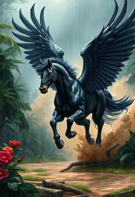 complex illustration of a mighty black winged pegasus in the jungle very fast running to the viewer, muscular, vascular, trees and flower, in a massive cloud of dust, aggression, anger, hyperrealistic scene, heavy rain, detailed focus, art by Aaron Jasinski, epic fantasy scene, vivid colors, Enchanted Masterpiece, Fantasy Core, Award-Winning, Masterpiece, contrast, faded,