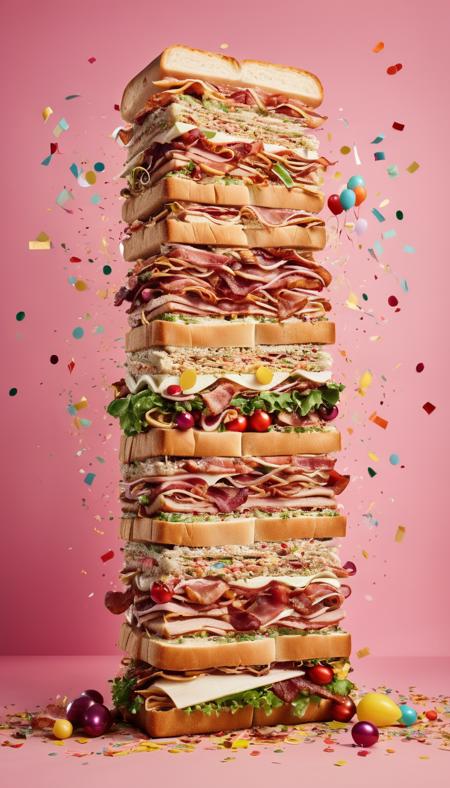 A very tall crazy sandwich made out of party lots of balloons, confetti and bacon explosion, surreal, product photography,  <lora:add-detail-xl:2>