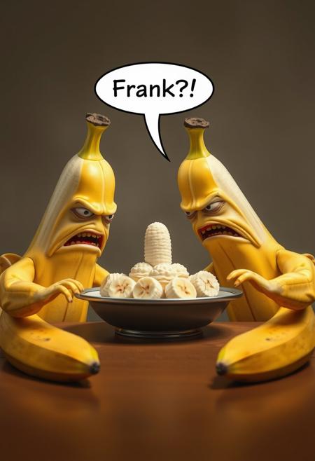 Create a hyper-realistic, hyper-detailed image of two bananas sitting at a table, their faces contorted in horror as they gaze at a banana split in the center. One banana says "Frank?!" in a speech bubble. The bananas are rendered in exquisite detail, with subtle texture and shading that conveys their emotional distress. Style: hyper-realistic, comedic, surreal. Colors: yellow, creamy white, and a hint of green. Highest-Quality, 4k, Masterpiece