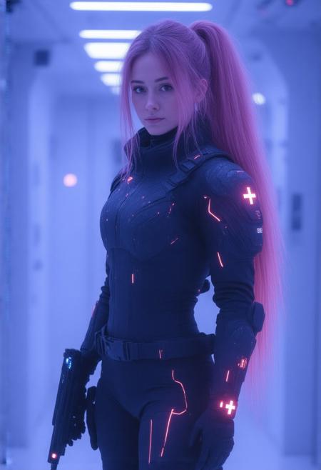 ""Neon-Edge Space Medic – Cinematic Cowboy Shot"
"A battle-ready medic stands in a heroic cowboy shot (mid-thigh up), her stance relaxed but alert. Glowing red neon accents pulse across her outfit, casting an eerie light on her pale skin and freckles. Her vibrant orange ponytail spills over one shoulder, contrasting with the deep black tactical gear. A playful, confident smirk hints at her unshakable competence. She has large, round natural breasts and a fit physique. And dreamy, hypnotizing Blue eyes.
Outfit & Neon Details:
Black cargo coat with thick red neon piping along the seams and a large, glowing red cross on the back (emitting a soft hum and flicker like a powered sign).
Sleeve-mounted vital monitors with pulsing red graphs tracking nearby injuries.
Utility belt lined with tiny bioluminescent strips (blue for sterile tools, red for emergency meds).
Gloves with neon-red touchpad interfaces on the knuckles. 
Tech Upgrades:
Left-eye scanner projects a floating red HUD with scrolling diagnostics.
Wrist-mounted smartwatch tablet (glowing blue holograms contrast with the red neon).
Black-and-red drone now has neon-red thruster rings. 
Gun-shaped injector holstered on her thigh, its ammo counter glowing red.
Scene:
The spaceship med-bay is well-lit and gleams with reflective white panels, now streaked with neon reflections from her gear. Through the window, a purple nebula bathes the room in an otherworldly glow.