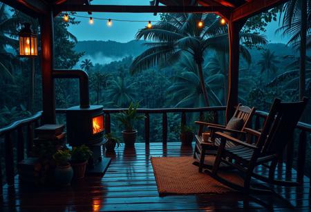 A cozy wooden cabin porch in the middle of a lush, tropical rain forest during a nighttime rainstorm. The porch is warmly lit by a glowing lantern and a crackling fire inside a freestanding black metal fireplace. Rain pours heavily in the background, with mist rising between densely packed forest trees and distant jungle hills. The porch floor is wet and reflective, with stacked logs of firewood, green potted plants, and rustic wooden furniture, including a rocking chair and a small table holding a cup and a pitcher. A woven rug adds a touch of warmth to the space. The overall atmosphere is tranquil, immersive, and cinematic — ideal for a relaxing ASMR or ambient scene. Soft warm lighting contrasts beautifully with the deep blues and greens of the rain forest night.