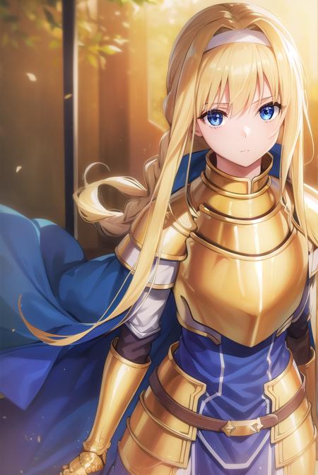 alicezuberg, <lora:alicezuberg-lora-nochekaiser:1>, 
alice zuberg, bangs, blue eyes, blonde hair, hair between eyes, very long hair, braid, hairband, white hairband,
BREAK dress, cape, armor, blue dress, shoulder armor, gauntlets, pauldrons, breastplate, armored dress, faulds, blue cape, knight, (gold armor:1.5), body armor,
BREAK outside, forest, nature, sun, sky,
BREAK looking at viewer, (cowboy shot:1.5),
BREAK <lyco:GoodHands-beta2:1>, (masterpiece:1.2), best quality, high resolution, unity 8k wallpaper, (illustration:0.8), (beautiful detailed eyes:1.6), extremely detailed face, perfect lighting, extremely detailed CG, (perfect hands, perfect anatomy),