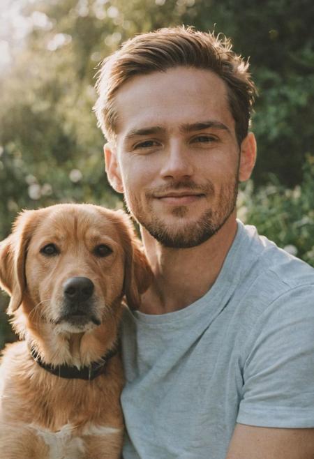 cinematic film still fashion photography portrait of 1man with cute dog as companion, headshot, sunlight , Fine Art & Beauty Photography – ,,light diffraction in frame, dreamy,hazy look.  Helios 44-2 lens mounted on a Praktica MTL 5B Helios 44M-4 lens, 58mm f/2,   in a garden. authentic happy smile