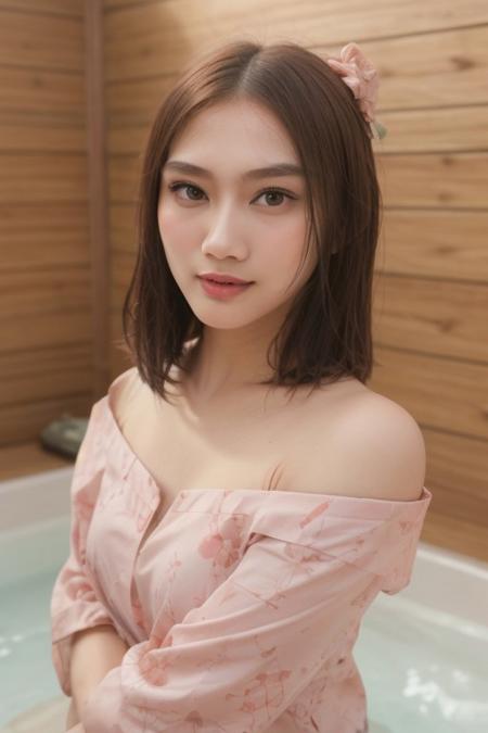 score_9,score_8_up,score_7_up,(beautiful polynesian woman, mixed korean, mixed japanese, korean idol,ulzzang-6500-v1.1), natural light, soft light, besth lighting, high resolution, 8k, (best quality, masterpiece:1.2), photorealistic, ultra high res, intricate detail, Exquisite details and textures, high key light, soft shadow, dark theme, ((make-up, blush-on, blush, blushing)),1girl, ((messy short hair:1.3, smirk, collarbone)), ((square face shape)), looking at viewer and standing in hot water, sauna, steamy, wet skin lifting hair and strike a sexy pose, Expressiveh