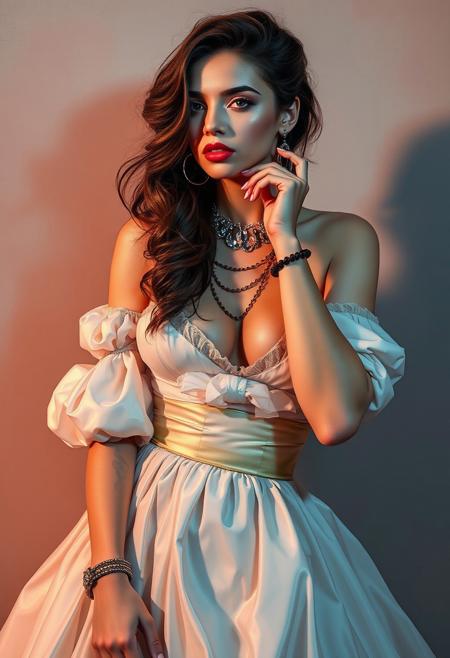 A model wearing a delicate Renaissance-inspired gown, but her pose and accessories scream street fashion and modern rebellion
hyperrealistic romantic portraiture, bold graphic linework, soft pastel lighting with high-contrast shadows, stylized exaggerated anatomy, striking neon and muted color fusion, delicate painterly realism with edgy comic book elements, fashion-forward and contemporary aesthetic, expressive storytelling through pose and lighting