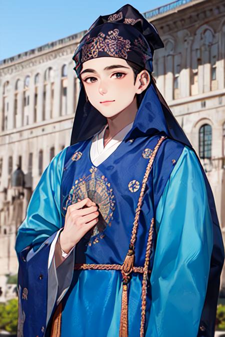 1male, hanbok, bandana, korean clothes, upper body, outdoors, <lora:hanbok_ymaster_v6:1>