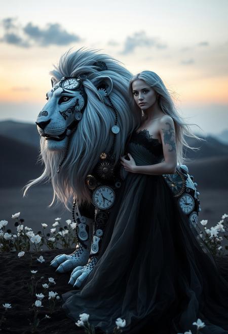 (Soft Lighting Photography by Mimoza Veliu and Mario Giacomelli:1.2), NSFW, (Soft Lighting Photography by Mimoza Veliu and Mario Giacomelli:1.2), NSFW,  　　A beautiful woman with flowing silver hair and piercing violet eyes stands gracefully beside her companion, a majestic lion crafted from a mesmerizing interplay of black and white clockwork. The lion, a marvel of contrasting mechanical artistry, stands tall and proud, its mane a cascade of alternating black and white gears and intricate cogs, its body radiating a soft, ethereal glow. The woman, radiating grace and elegance, wears a flowing gown of swirling black and white that blends seamlessly with the ethereal landscape. 
The scene is set against a backdrop of a timeless realm where magic and technology intertwine, bathed in the soft glow of a twilight where black and white blend seamlessly.  Rolling hills of black sand stretch out towards a horizon veiled in a soft, white mist. Black and white flowers bloom at their feet, their petals shimmering with a gentle luminescence. This image captures the ethereal beauty and harmonious unity of contrasting forces, a testament to the enduring power of companionship and the enchanting mystery of their shared guardianship over a realm of balance and duality. , sexy