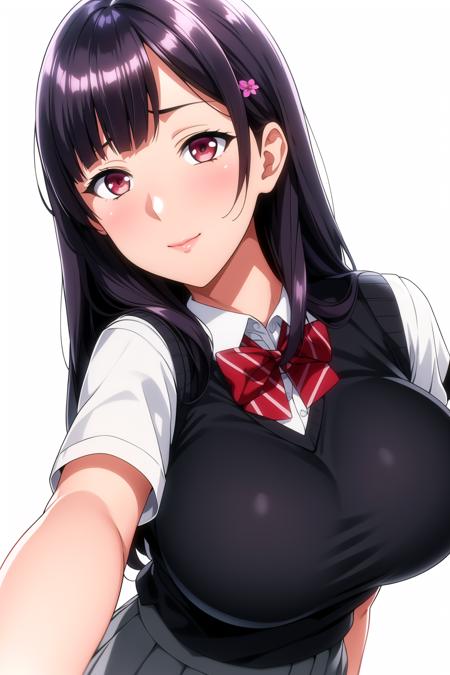 Simple White Background,
school_uniform,red bowtie,white shirt,Blue sweater vest,pleated_skirt,
<lora:Natsuha_Shinomiya_Ajisai-KK77-V2:0.7>,flower hair clip, hair flower, hair ornament, 
Red eyes,bangs, black_hair, long_hair,
<lora:Oda_Non_Style-KK77-V2:0.3>,<lora:more_details:0.1>,
1 girl, 20yo,Young female,Beautiful Finger,Beautiful long legs,Beautiful body,
Beautiful Nose,Beautiful character design, perfect eyes, perfect face,expressive eyes,perfect balance,
looking at viewer,(Focus on her face),closed mouth, (innocent_big_eyes:1.0),(Light_Smile:0.3),
official art,extremely detailed CG unity 8k wallpaper, perfect lighting,Colorful, Bright_Front_face_Lighting,White skin,
(masterpiece:1.0),(best_quality:1.0), ultra high res,4K,ultra-detailed,
photography, 8K, HDR, highres, absurdres:1.2, Kodak portra 400, film grain, blurry background, bokeh:1.2, lens flare, (vibrant_color:1.2),professional photograph,
(Beautiful,large_Breasts:1.4), (beautiful_face:1.5),(narrow_waist),