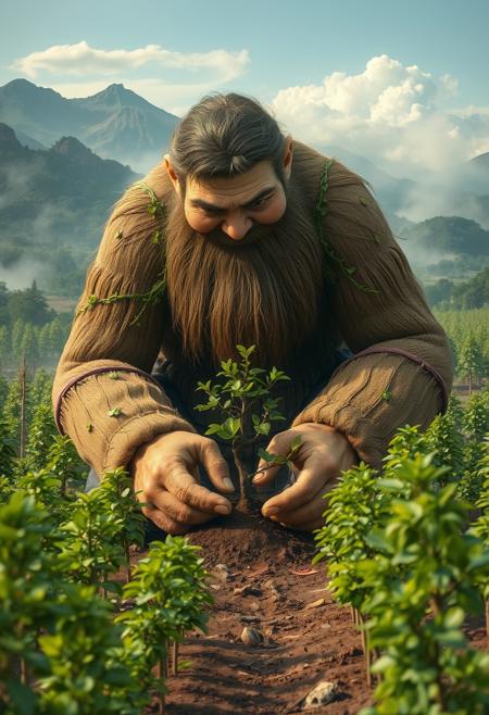 "Gentle giant, with a warm and kind face, tenderly plants a sapling in the earth, surrounded by a sprawling landscape of newly planted trees. The giant's massive hands cradle the delicate tree, as they carefully dig a hole and settle the roots into the soil. A gentle breeze rustles the leaves of the surrounding trees, as the giant's eyes shine with a deep love for nature. The atmosphere is peaceful and serene, with a sense of growth and renewal. In the distance, a misty mountain range rises, with a few wispy clouds drifting lazily across the sky. The giant's clothing is made of natural fibers, with leaves and vines woven into the fabric, blending seamlessly into the surroundings. Style: whimsical, dreamy, and highly detailed, with a focus on capturing the giant's gentle nature and the beauty of the natural world."