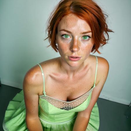 picture of a incredibly sexy woman, (freckles, short red hair, light green eyes, (realistic pretty face), dress code , top and short in photostudio , sitting POV