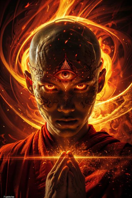 ((masterpiece)), ((best quality)), 8k, high detailed, ultra-detailed,1boy, face mark, black tatto, black skin, crack face, bald, dark theme, dark fantasy,  monk, fayan eyes, third eye, glowing eyes,evil smile, evil soul, dark smoke, casting spell,  head ornament, own hands together, Buddhist mantra, double exposure, vision, swirl, high definition, abstract, surreal, otherwordly, dark energy wave,   <lora:fayan2:0.7>
