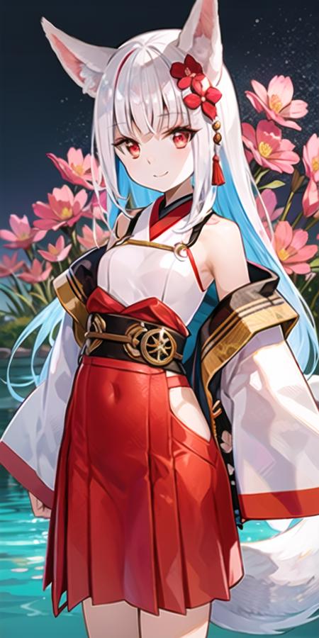 1girl,animal ears, armpit crease, bare shoulders, breasts, closed mouth, collar, floating hair, fox ears, fox tail, hair ornament, hakama, hakama skirt, holding, japanese clothes, kimono, long hair, long sleeves, looking at viewer, multicolored hair,new year, off shoulder,red collar, red eyes, red hair, red hakama, shadow, sidelocks, sleeveless, small breasts, smile, solo, standing, streaked hair, tail, tassel, very long hair, white hair, wing collar, bangs, jacket, open clothes, flower, fox girl, sleeves past wrists, open jacket, animal ear fluff,floral background, blush, tail raised, red flower, belt,night, river,shadow,  <lora:fuzi_loha_v1j:1>