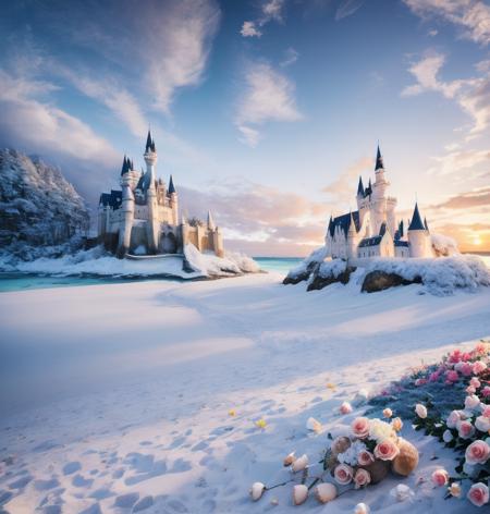 castle, flowers, delicate scene, sky,white clouds,and sunlight shine on the snow-white beach. flowers roses and shiny large shells, diamond crystal, on the beach, fantasy, sky night , moon, smoke , fire, photo, HD, 8K ,