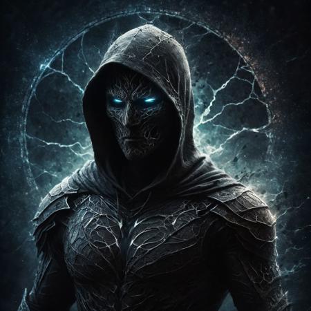 A dark ghostly male silhouette. Messenger of Gaa. Cracked skin. light armor. Cracked armor. Canvas hood. Runic circle. Elements. Power from inside. Glowing eyes. Bokeh blur. ral-dissolve.BadDream photorealistic