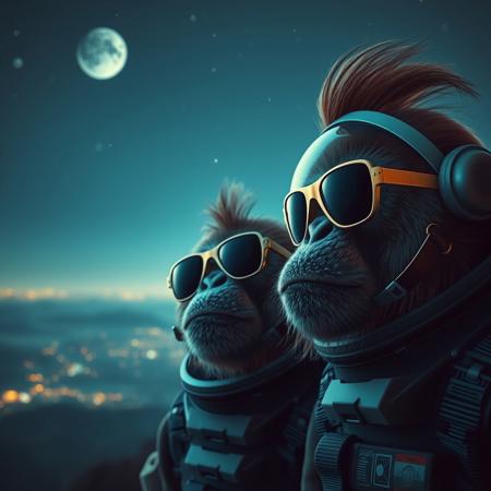 A best quality realistic photo of a monkey with brown hair, wearing spacesuits and v shaped sunglasses in front of a suffering over the sky night