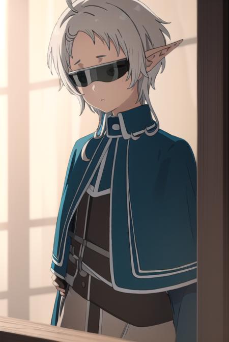 sylphy, <lora:sylphys2-lora-nochekaiser:1>, 
sylphy, short hair, ahoge, white hair, pointy ears, (sunglasses:1.5), elf,
BREAK pants, capelet, black pants, cape,
BREAK indoors, library,
BREAK looking at viewer, (cowboy shot:1.5), 
BREAK <lyco:GoodHands-beta2:1>, (masterpiece:1.2), best quality, high resolution, unity 8k wallpaper, (illustration:0.8), (beautiful detailed eyes:1.6), extremely detailed face, perfect lighting, extremely detailed CG, (perfect hands, perfect anatomy),