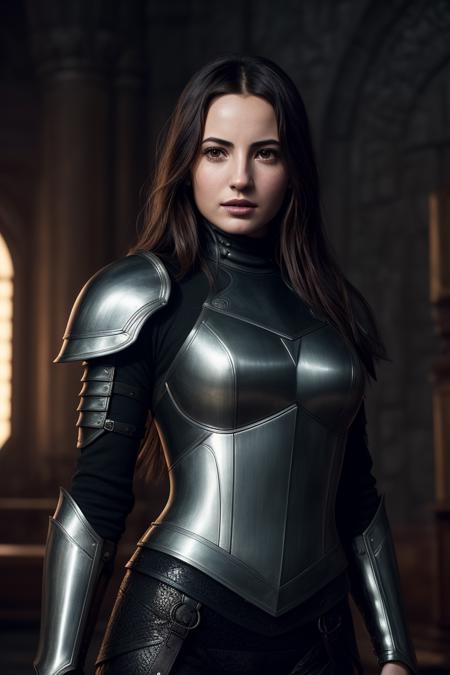 photo of extremely sexy (iv4n4b4quero-120:0.99), a woman as a sexy warrior, (closeup portrait:1.2), modelshoot style, (extremely detailed CG unity 8k wallpaper), photo of the most beautiful artwork in the world, professional majestic oil painting by Ed Blinkey, Atey Ghailan, Studio Ghibli, by Jeremy Mann, Greg Manchess, Antonio Moro, trending on ArtStation, trending on CGSociety, Intricate, High Detail, Sharp focus, dramatic, photorealistic painting art by midjourney and greg rutkowski, (tight full leather armor:1.2), (long trousers:1.1), (turtleneck jerkin), ((dark castle in background)), (looking at viewer:1.2), (detailed pupils:1.3), (daggers)