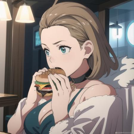 masterpiece, ultra high quality cg,  4K, best quality, middle-aged woman, manuela, two-handed burger, white cape, fur trim, teal dress, choker, white dress, eating, grabbing huge burger with both hands, brown eyes