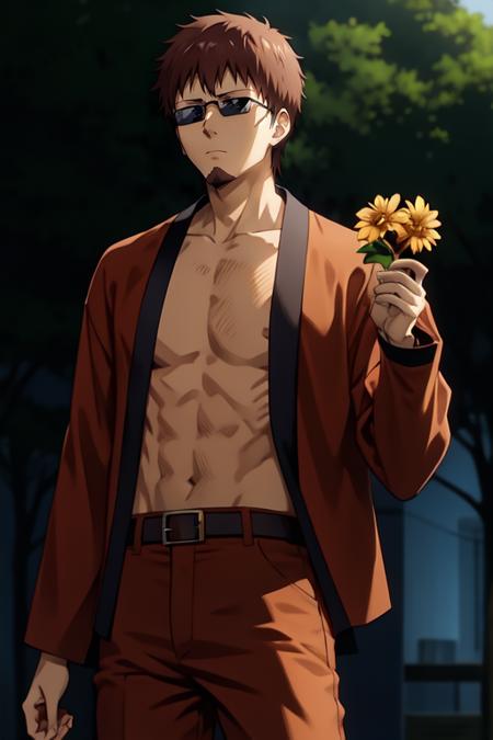 best_quality, 1Man, Small Beard, Geta, Brown Pants, Middle Aged, Brown Haori, Dark Glasses, Brown Hair, Short Hair, (without_belt:1.4), (holding_flower:1.4), (sad_face:1.1), bare_belly, <lora:Taizou_Hasegawa_MADAO:1>,