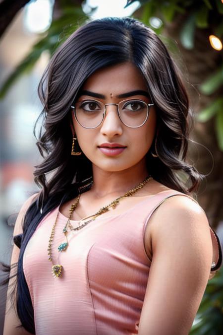 (8k),best quality, (photorealistic,realistic:1.2), 1women rashmika <lora:rashmika_model:0.85>   , solo, detailed face, standing,black hair,(hair ornament:1.35), (looking at viewer:1.5),short hair, black eyes, bangs, lips, glasses