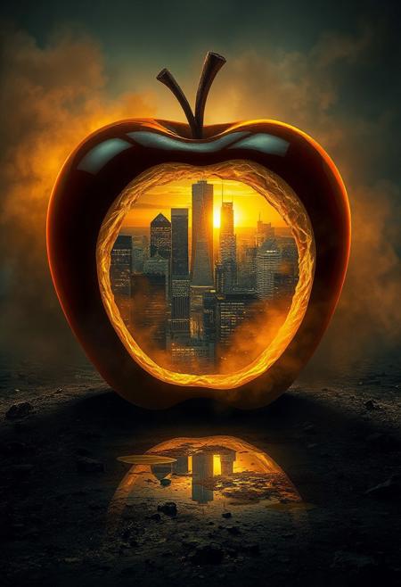 A digital illustration of a surreal scene where a dark, reflective apple has been bitten into, revealing a stunning cityscape inside. The city is lit up with warm, golden light, suggesting either sunrise or sunset. Skyscrapers dominate the view, with some buildings glowing brightly. The apple is surrounded by swirling clouds of smoke or mist, creating a dreamlike and ethereal atmosphere. The apple rests on a reflective surface, which mirrors the city and the apple itself. The ground is dark and textured, with small rocks and debris scattered around. The image should have a cinematic and dramatic feel, highlighting the contrast between nature and urban life.