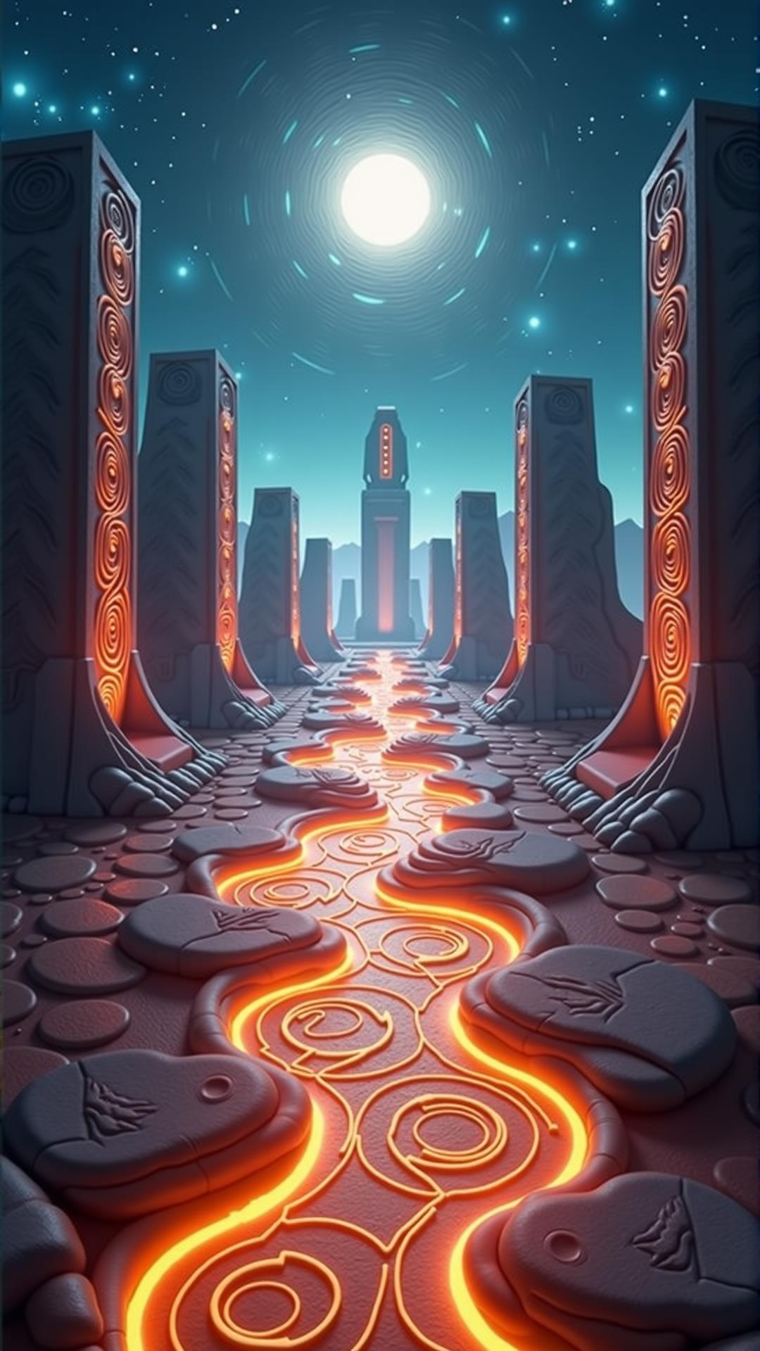 A surreal landscape where the ground is made of pulsating, glowing fractals, constantly shifting and rearranging themselves into intricate, geometric patterns. Massive, glowing monoliths rise from the ground, their surfaces covered in swirling, glowing runes that pulse with radiant energy. Above, the sky is a swirling vortex of stars and nebulas, casting radiant beams of light onto the glowing fractals below. In the distance, colossal, glowing statues rise from the ground, their smooth surfaces reflecting the light of the fractals and casting long, ethereal shadows across the landscape.