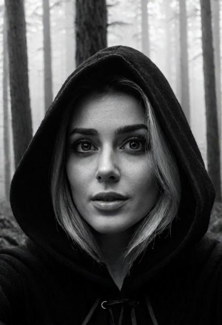 cinematic, ((black and white, monochrome, greyscale)), selfie, a alluring woman, beautiful celestial eyes, smirk, hooded cloak, posing, in a dark, foggy, forest, at night, inspired by The Blaire Witch Projects, It's almost time for the ritual to begin, the spirits are primed and ready to make their presence known, this woman is oblivious to the horrors that await. noise, detailed, high quality, cinematic lighting, contrast, heavy dynamic shadows, atmospheric,