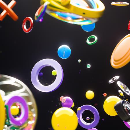 a group of different colored objects floating in the air together on a black background with bubbles and bubbles around them, Epsylon Point, particles, a microscopic photo, kinetic art, macrophotography hyper realistic octane render, hard surface modelling, 8k , clean , sharp focus, CGSociety