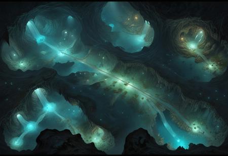 (cavern, RPG combat map, battle map, RPG map from above, highly detailed, highly detailed, dark, oil painting, combat map, high quality, tunnels, phosphorescent mushrooms, caverns, crevices, view from above, aerial view, detailed, from above, (top view: 1.3), long shot, aligned to the edge of the image,