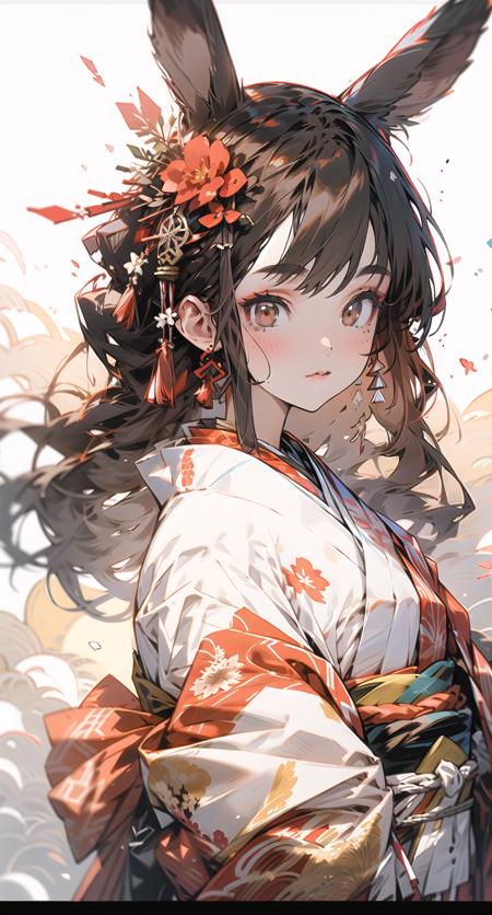 sinsya, 1girl, solo, japanese clothes, kimono, letterboxed, animal ears, hair ornament, brown eyes, looking at viewer, upper body, hair flower, red kimono, blush, long hair, bangs, floral print, tassel, sash, brown hair <lora:sinsya-pynoiseloha:1>