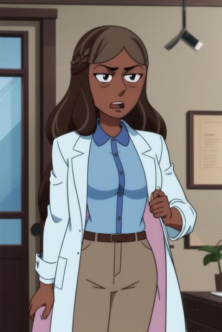 <lora:priyanka_maheswaran:0.8>, priyanka maheswaran, masterpiece, best quality, 1girl, solo, brown hair, long hair, open mouth, dark skin, shirt, blue shirt, indoors, labcoat, long sleeves, belt, dark-skinned female, parody, upper body, black eyes